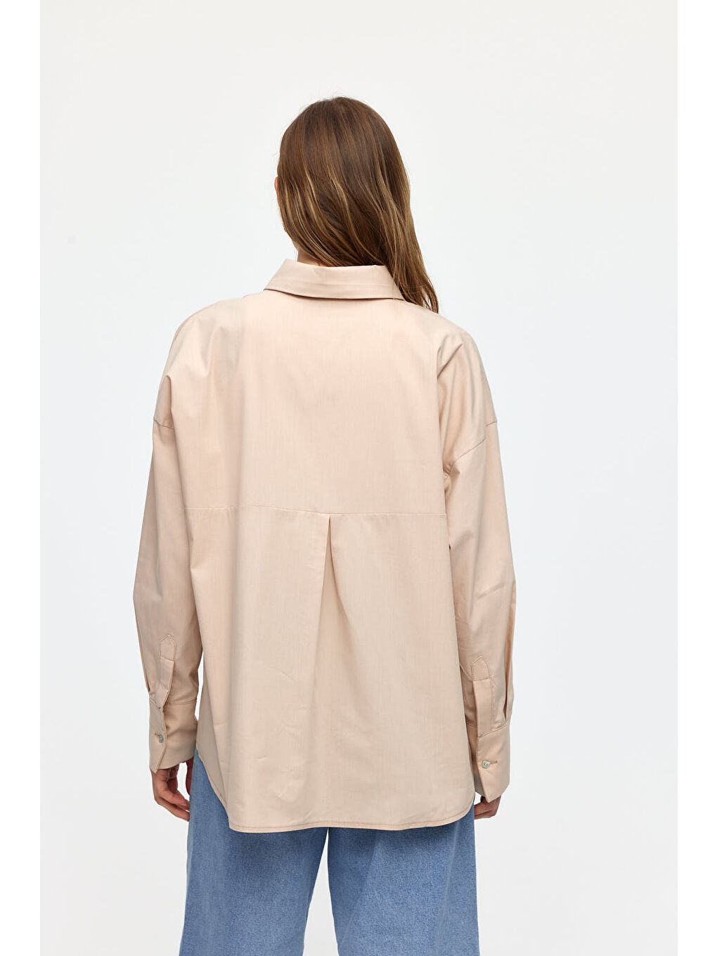 Bej Düz Renk Doğal Kumaşlı Gömlek-4