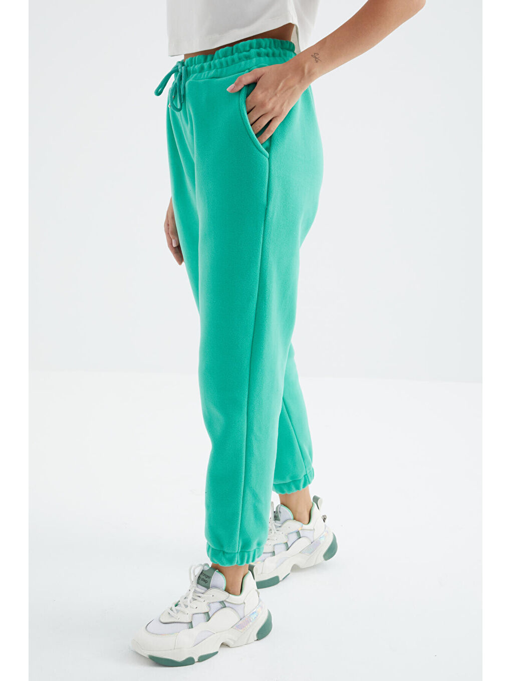 Turkuaz Deniz Yeşili Yüksek Bel Basic Bağcıklı Jogger Polar Kadın Eşofman Alt - 94622-1