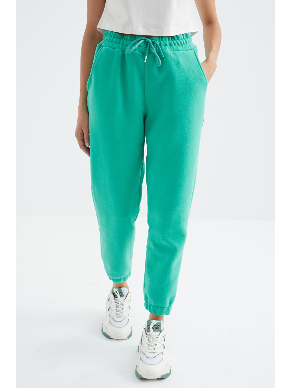 Turkuaz Deniz Yeşili Yüksek Bel Basic Bağcıklı Jogger Polar Kadın Eşofman Alt - 94622-3