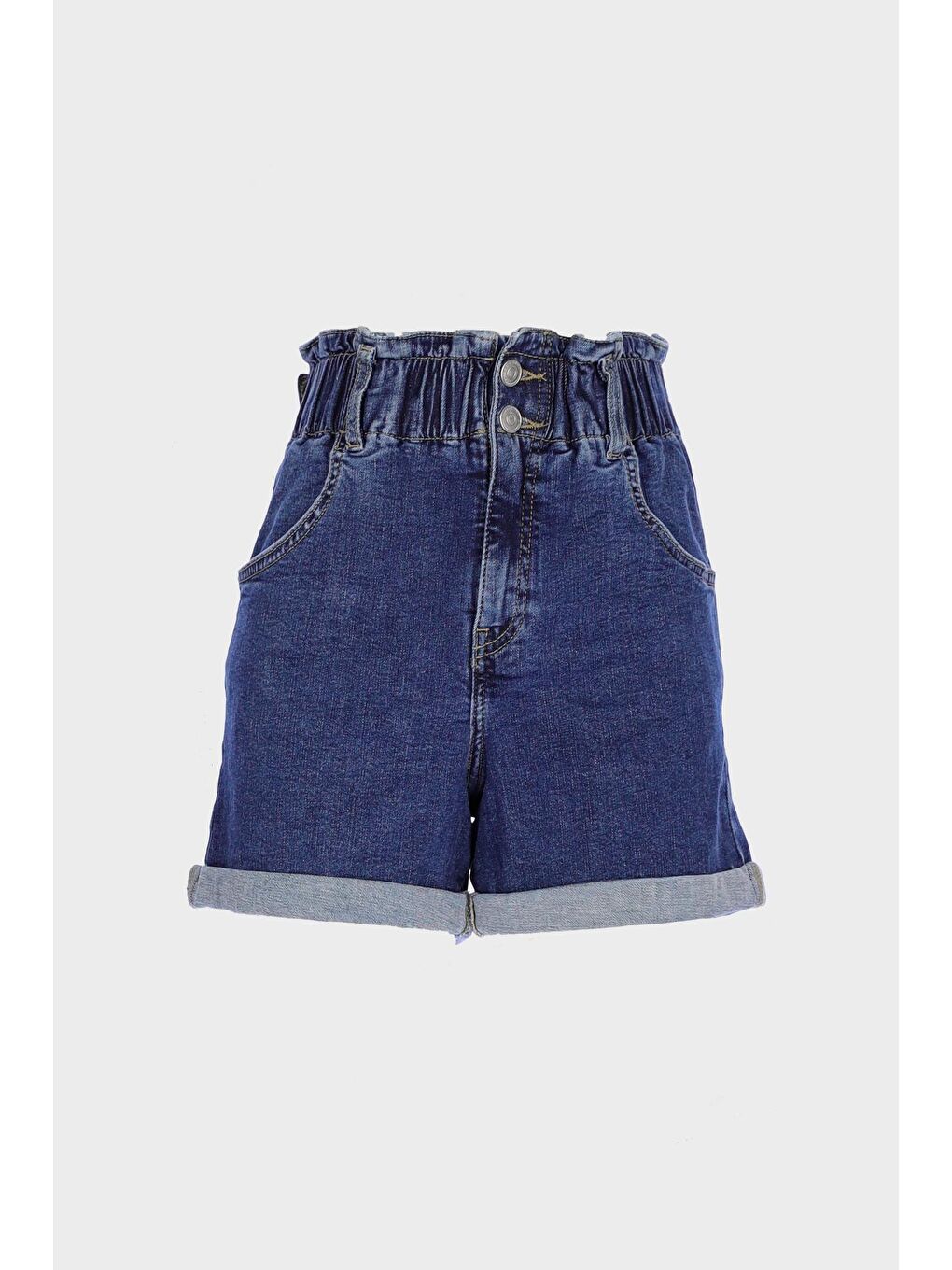 Kadın Koyu Mavi Beli Lastikli Patı Fermuarlı Jean Şort C 4534-078