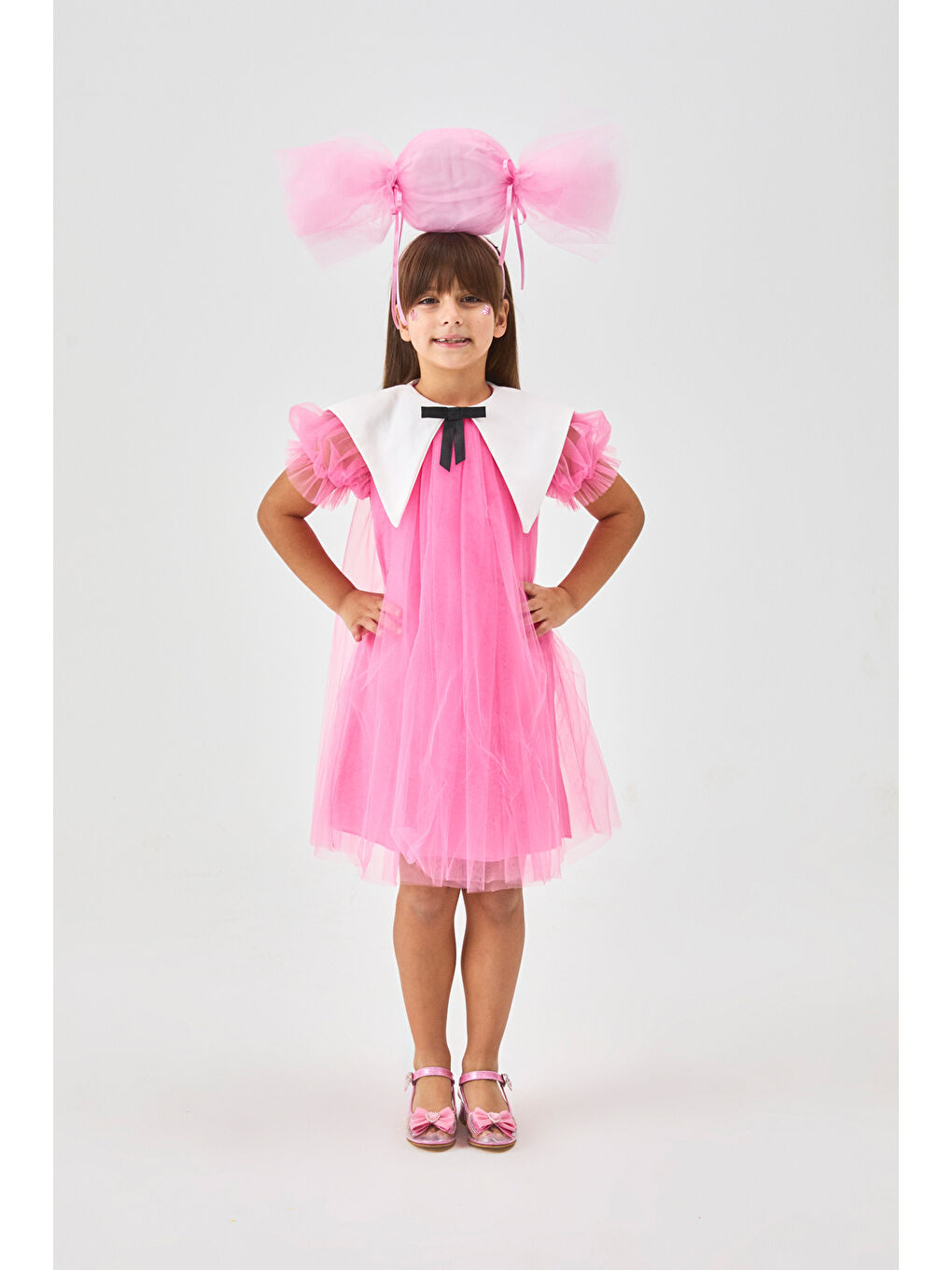 Fuşya Sivri Yakalı Kız Çocuk Tül Elbise - Nicole