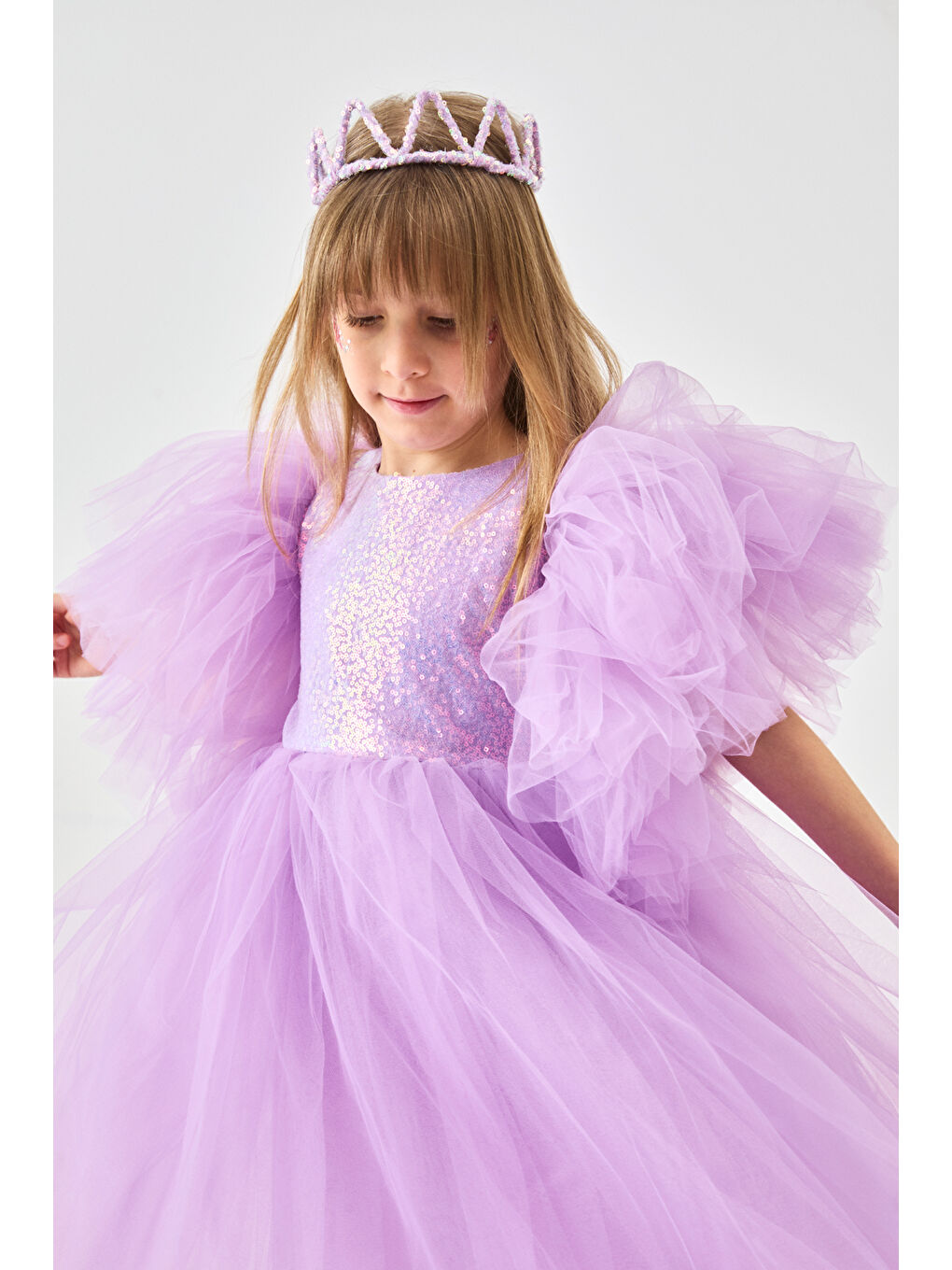 Lila Önü Pullu Kız Çocuk Tül Elbise - Halsey-1