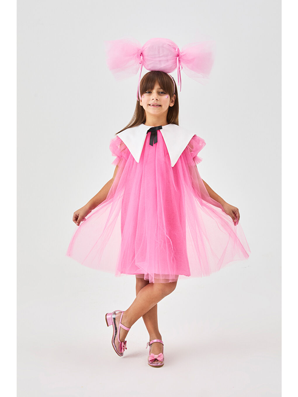 Fuşya Sivri Yakalı Kız Çocuk Tül Elbise - Nicole-1