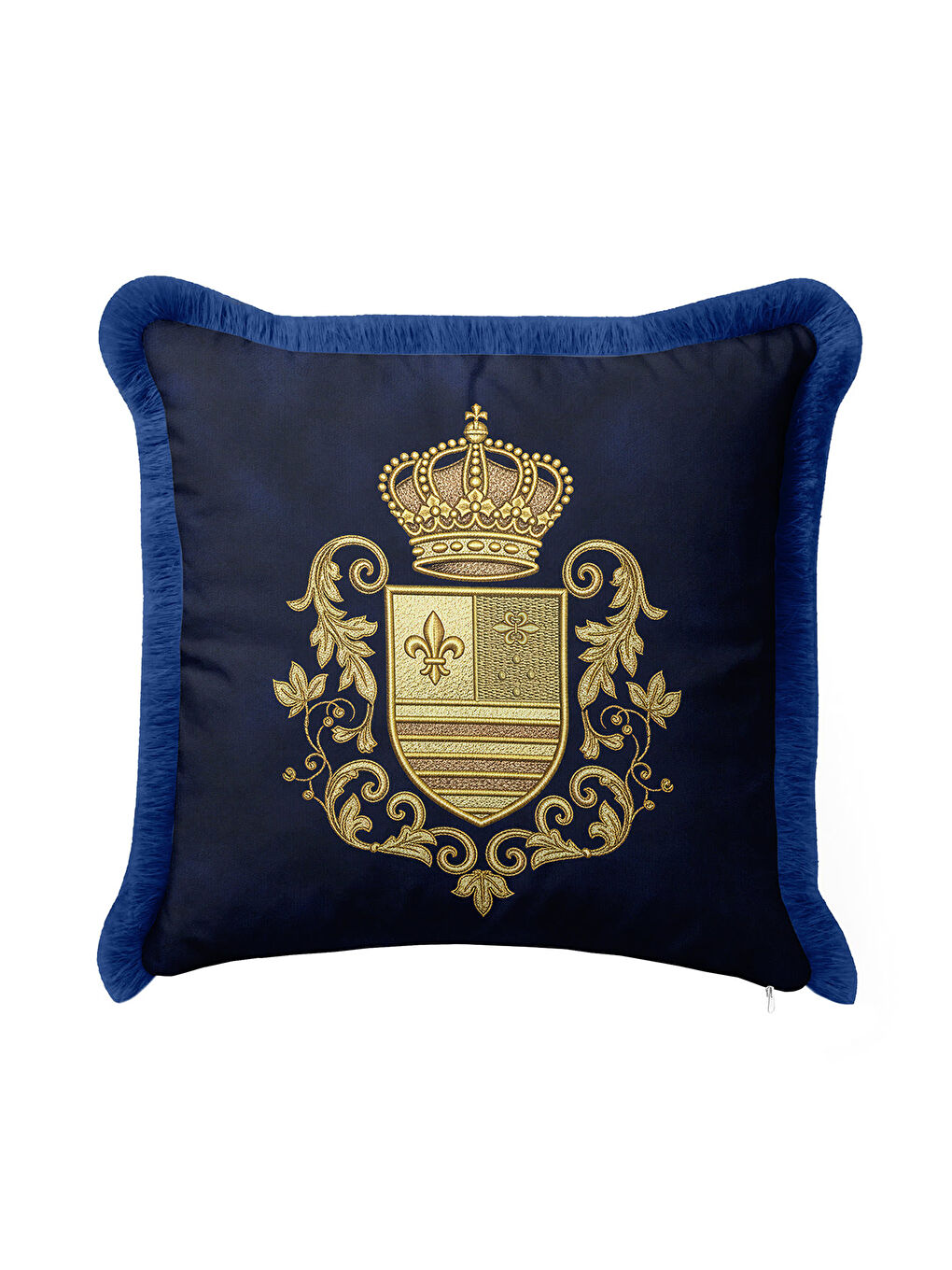 Karışık Kraliyet Arma Saçaklı Yastık Kılıfı - Lüks Klasik Salon Lacivert Altın Renk Püsküllü Kırlent Kılıfı