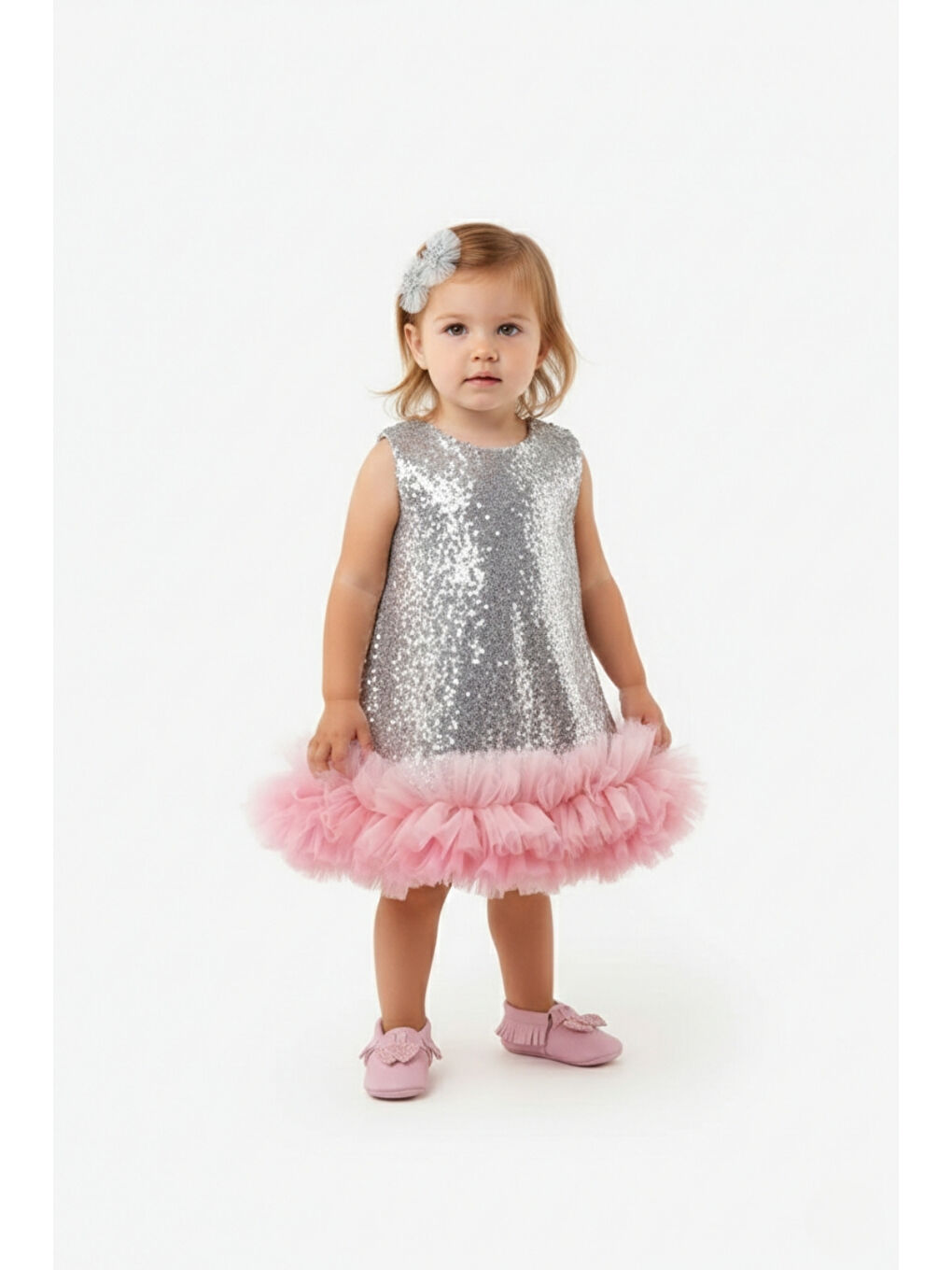 Gri Gümüş Fırfır Detaylı Pullu Kız Bebek Elbise - Evie