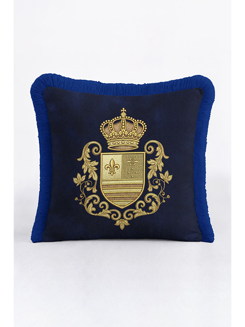 Karışık Kraliyet Arma Saçaklı Yastık Kılıfı - Lüks Klasik Salon Lacivert Altın Renk Püsküllü Kırlent Kılıfı-1