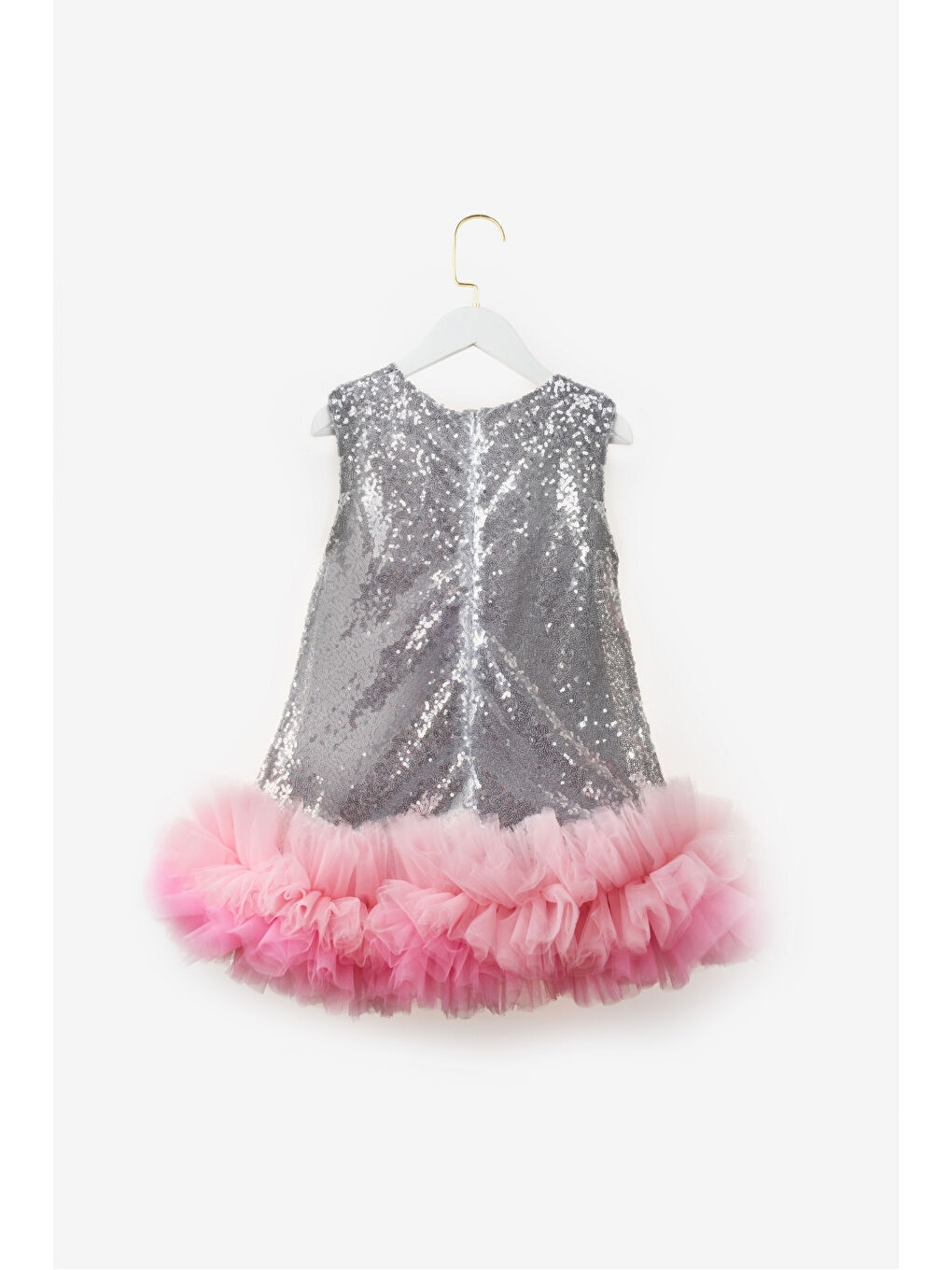 Gri Gümüş Fırfır Detaylı Pullu Kız Bebek Elbise - Evie-2
