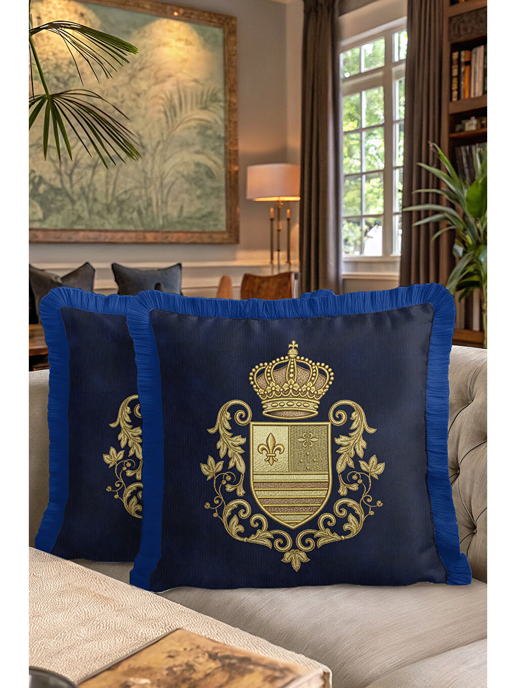 Karışık Kraliyet Arma Saçaklı Yastık Kılıfı - Lüks Klasik Salon Lacivert Altın Renk Püsküllü Kırlent Kılıfı-7