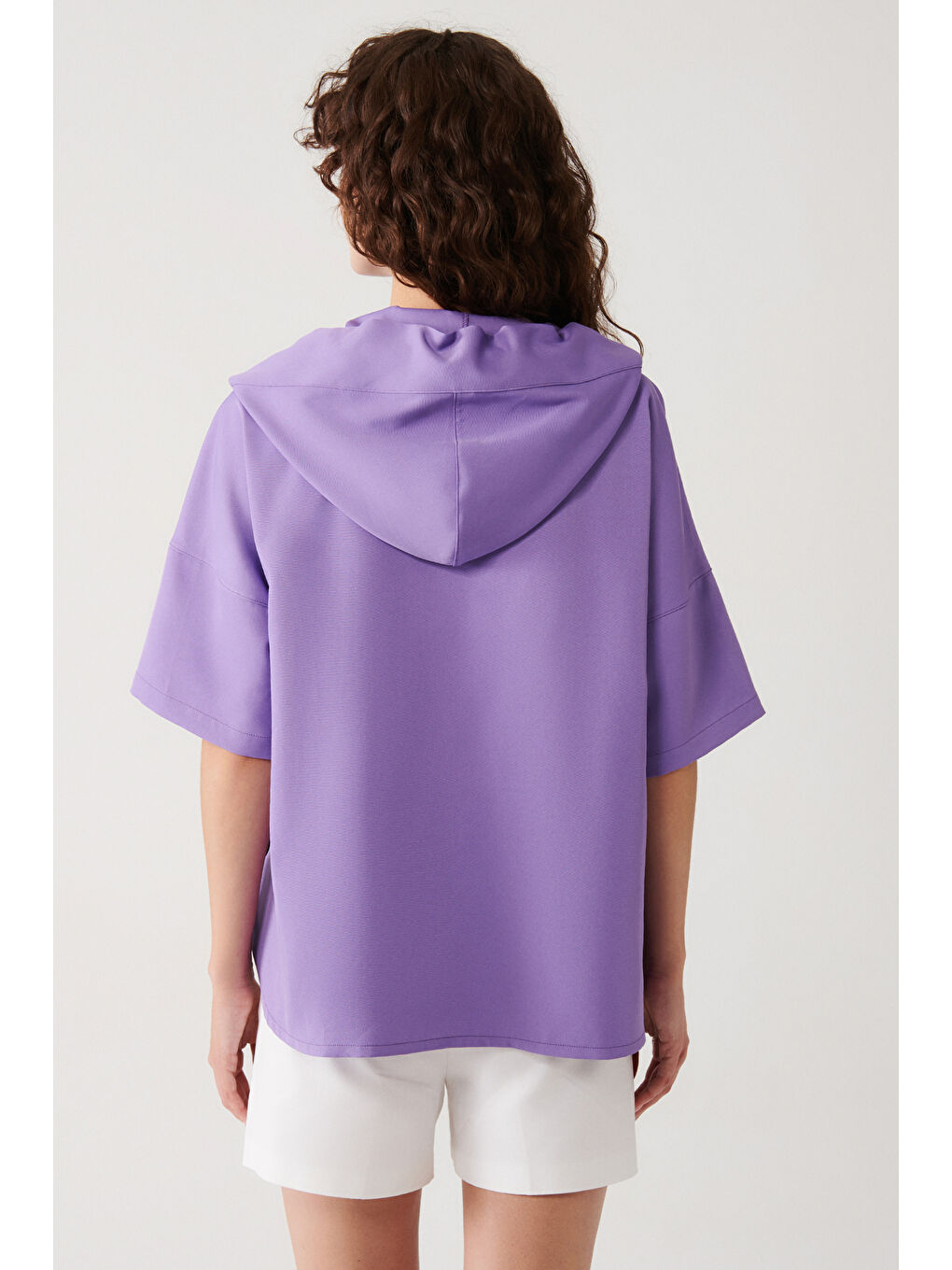 Lila Kapüşonlu Oversize V Yaka Hoodie-4