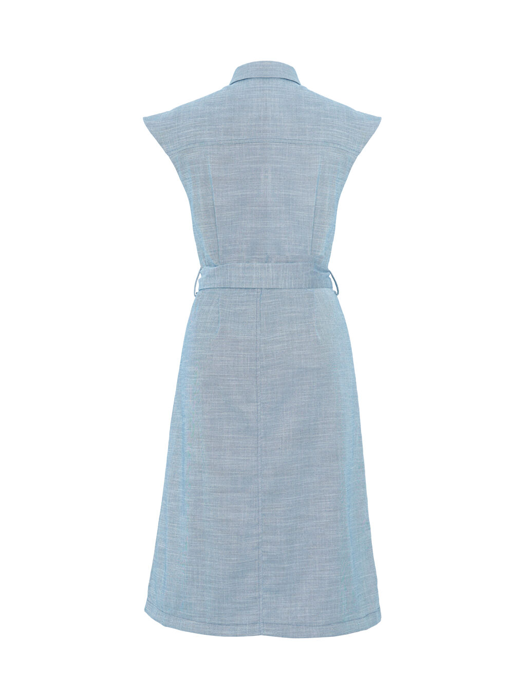 Mavi Kemerli Boydan Düğmeli Elbise-1