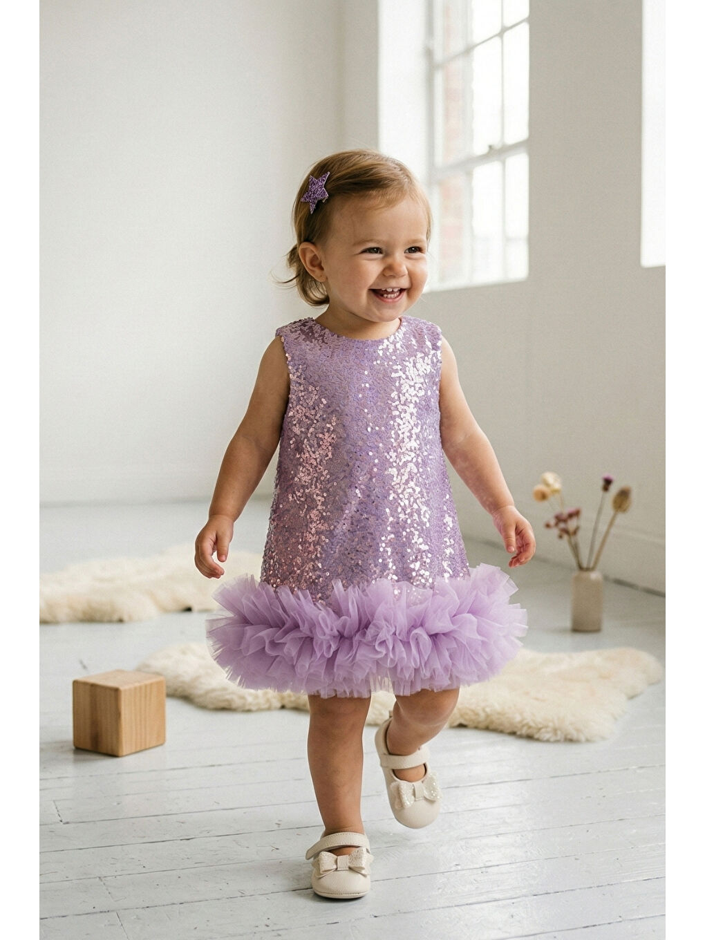 Lila Fırfır Detaylı Pullu Kız Bebek Elbise - Evie