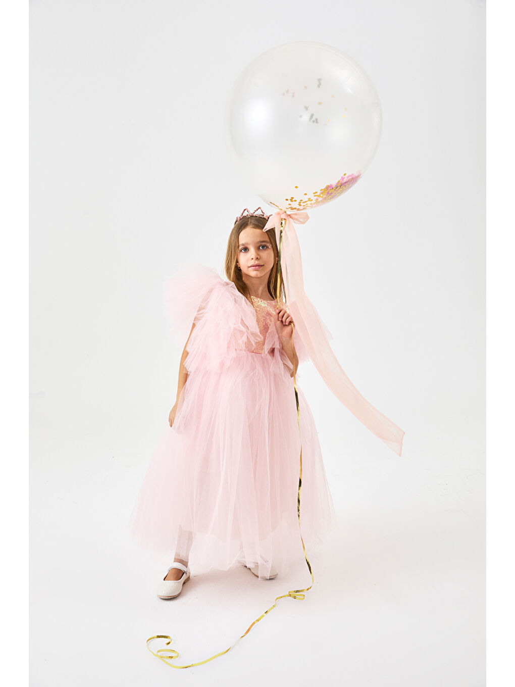 Pembe Somon Önü Pullu Kız Çocuk Tül Elbise - Halsey