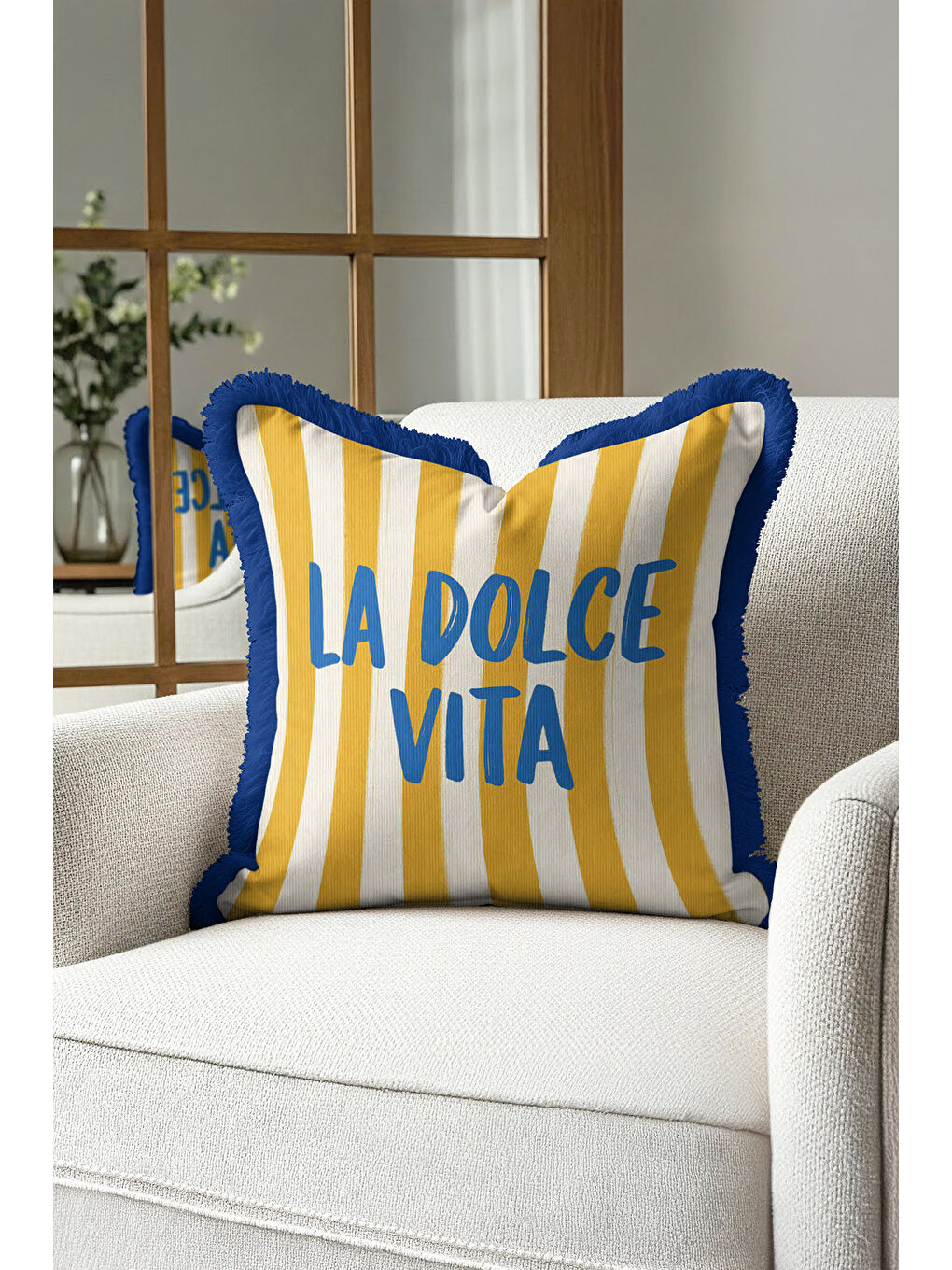 Karışık Riviera Şeritli Saçaklı Yastık Kılıfı - Akdeniz Retro Mavi Sarı Püsküllü Kırlent Kılıfı-1