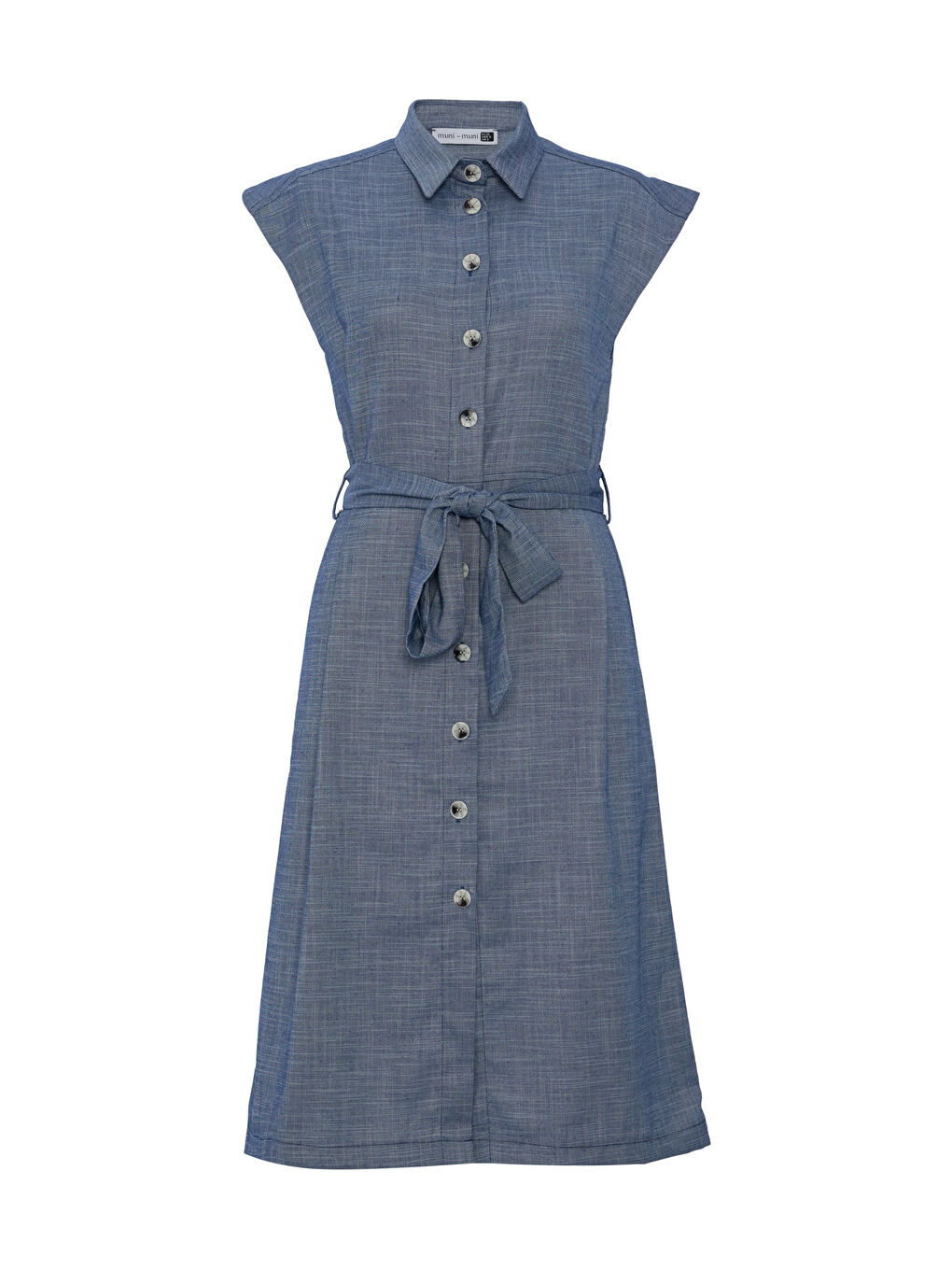 Lacivert Kemerli Boydan Düğmeli Elbise