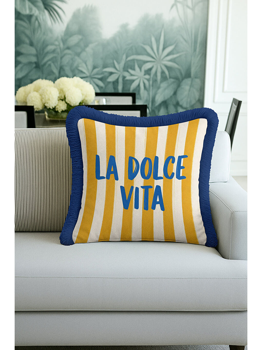 Karışık Riviera Şeritli Saçaklı Yastık Kılıfı - Akdeniz Retro Mavi Sarı Püsküllü Kırlent Kılıfı-2