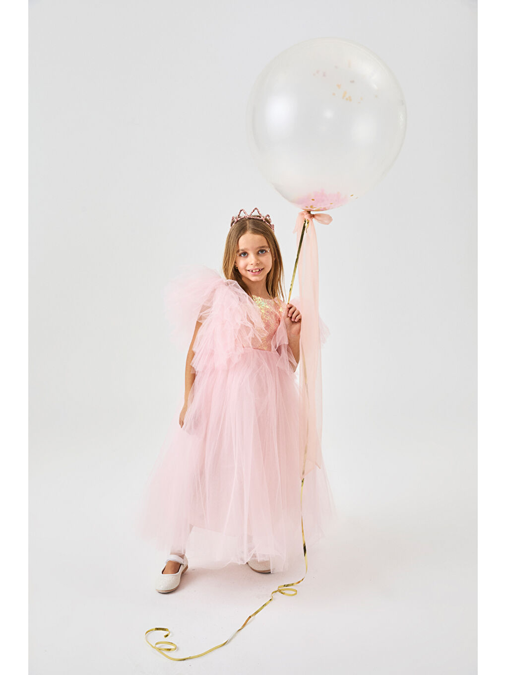 Pembe Somon Önü Pullu Kız Çocuk Tül Elbise - Halsey-1