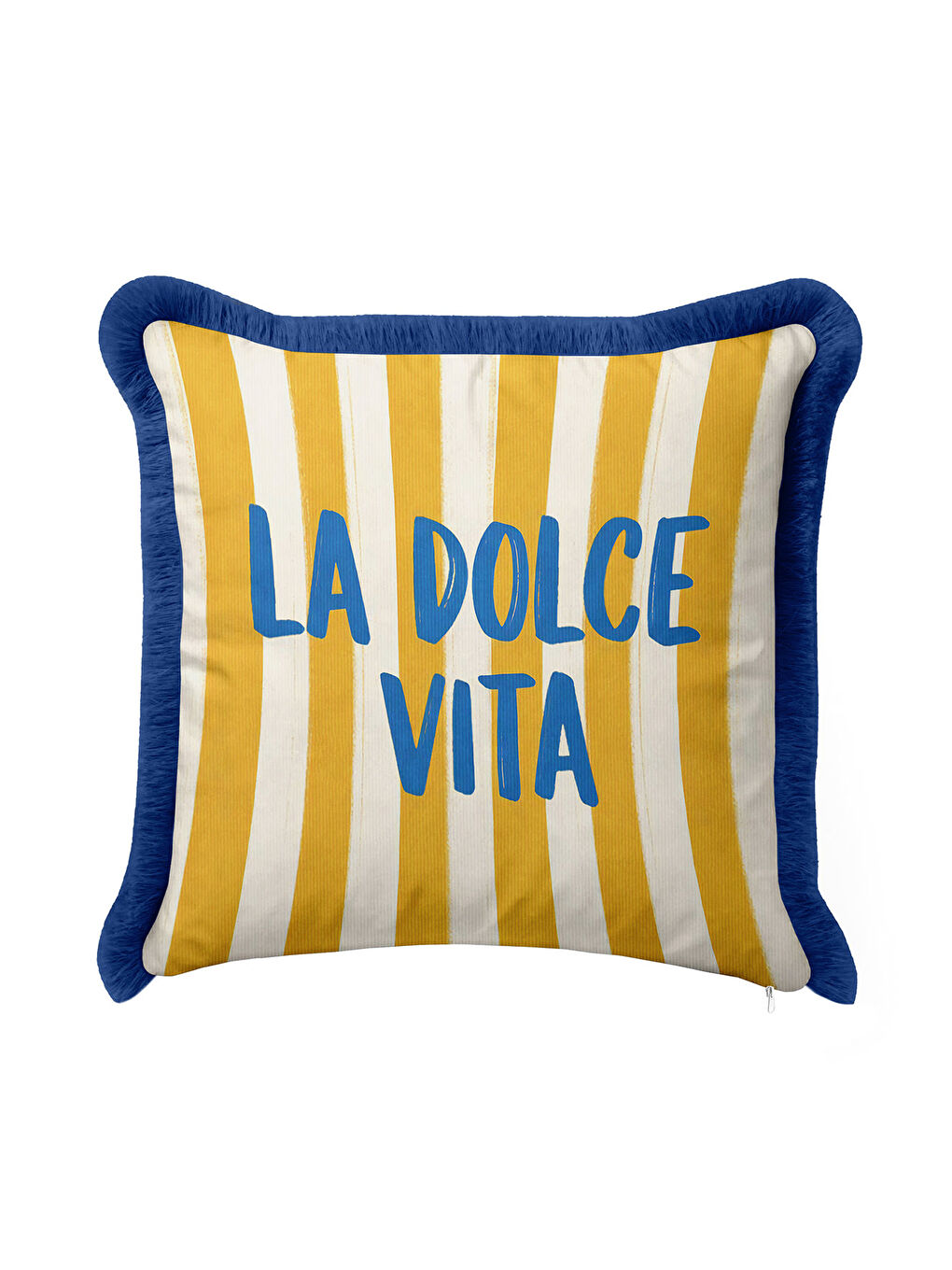 Karışık Riviera Şeritli Saçaklı Yastık Kılıfı - Akdeniz Retro Mavi Sarı Püsküllü Kırlent Kılıfı-3