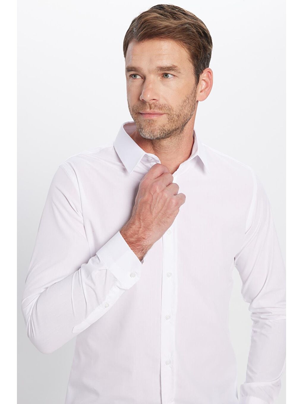 Erkek Slim Fit Dar Kesim Pamuklu Terry Pamuk Kumaş Kolay Ütü Beyaz Gömlek