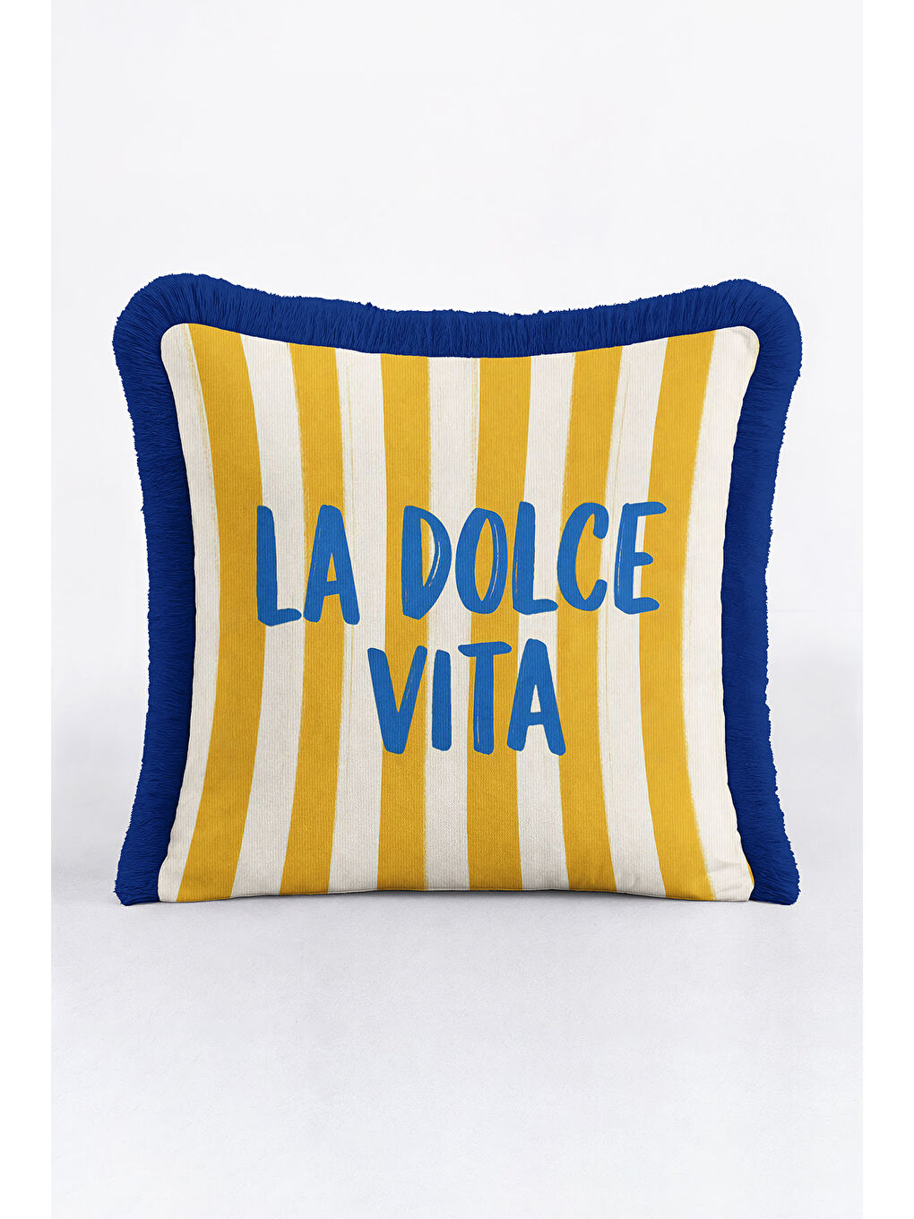 Karışık Riviera Şeritli Saçaklı Yastık Kılıfı - Akdeniz Retro Mavi Sarı Püsküllü Kırlent Kılıfı-4