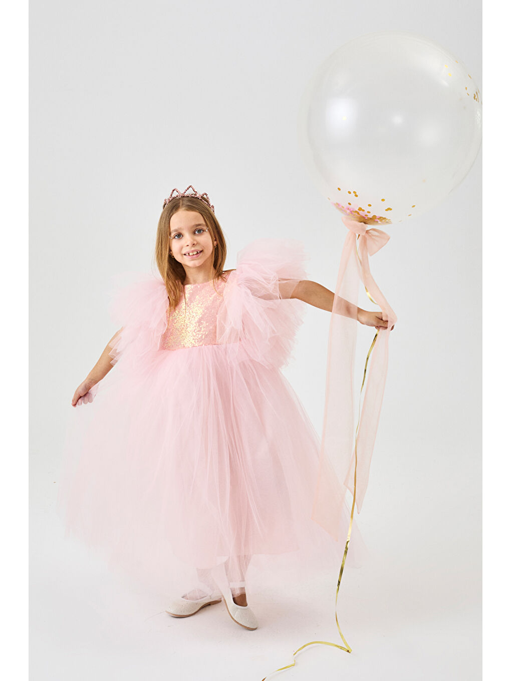 Pembe Somon Önü Pullu Kız Çocuk Tül Elbise - Halsey-2