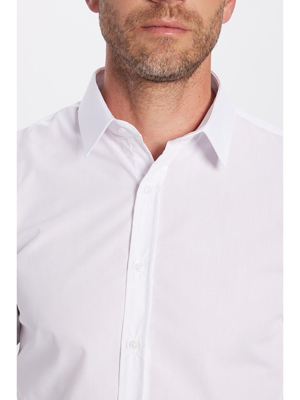 Erkek Slim Fit Dar Kesim Pamuklu Terry Pamuk Kumaş Kolay Ütü Beyaz Gömlek-2