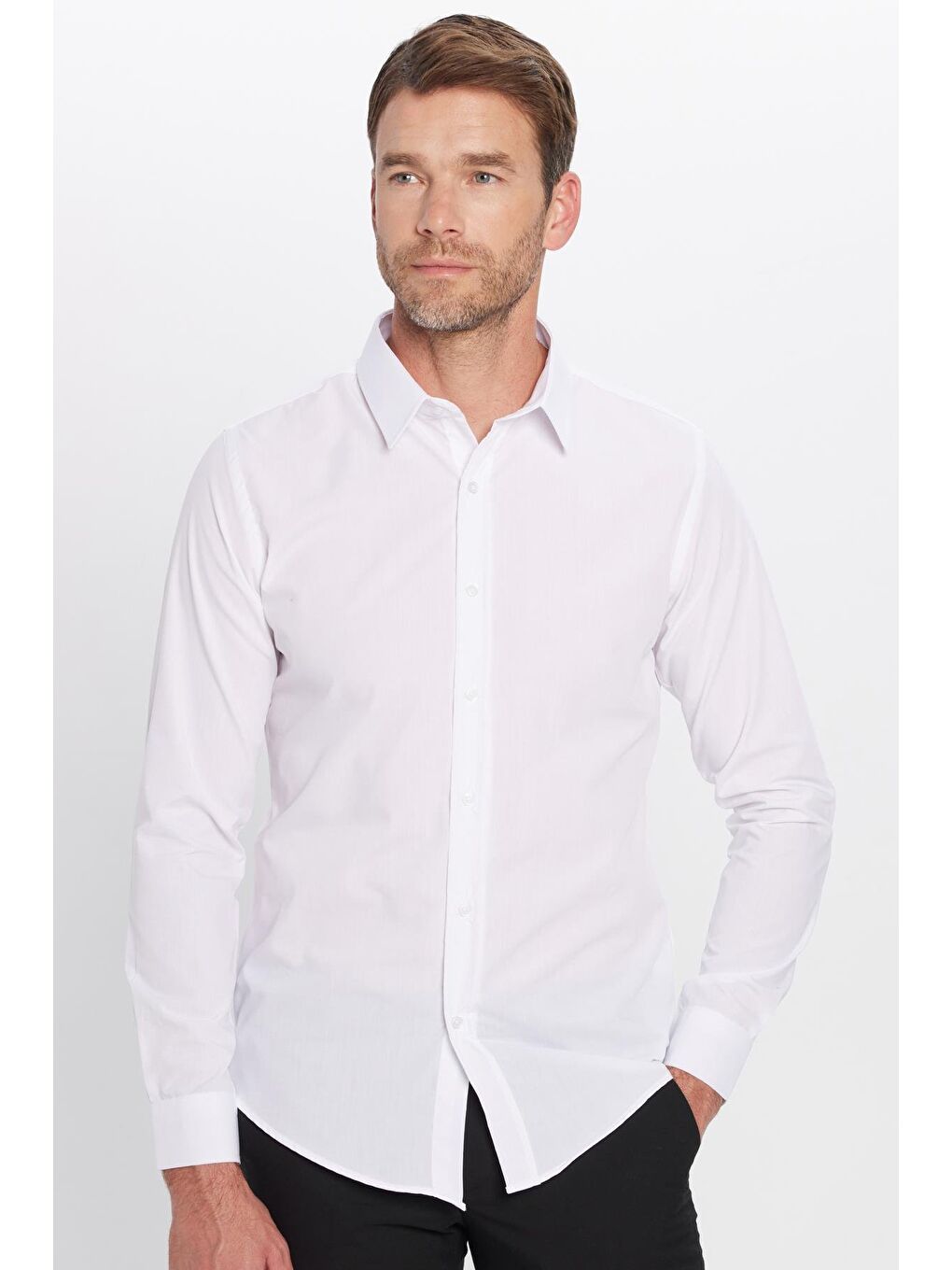 Erkek Slim Fit Dar Kesim Pamuklu Terry Pamuk Kumaş Kolay Ütü Beyaz Gömlek-3