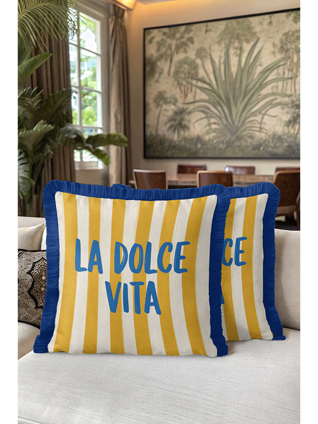 Karışık Riviera Şeritli Saçaklı Yastık Kılıfı - Akdeniz Retro Mavi Sarı Püsküllü Kırlent Kılıfı-5