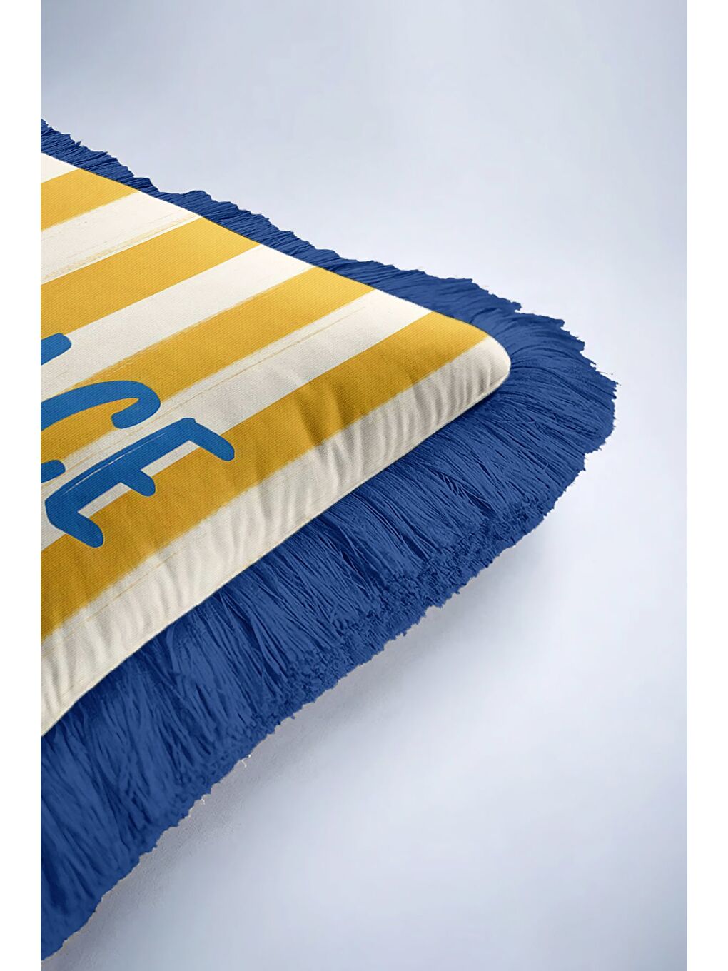 Karışık Riviera Şeritli Saçaklı Yastık Kılıfı - Akdeniz Retro Mavi Sarı Püsküllü Kırlent Kılıfı-6