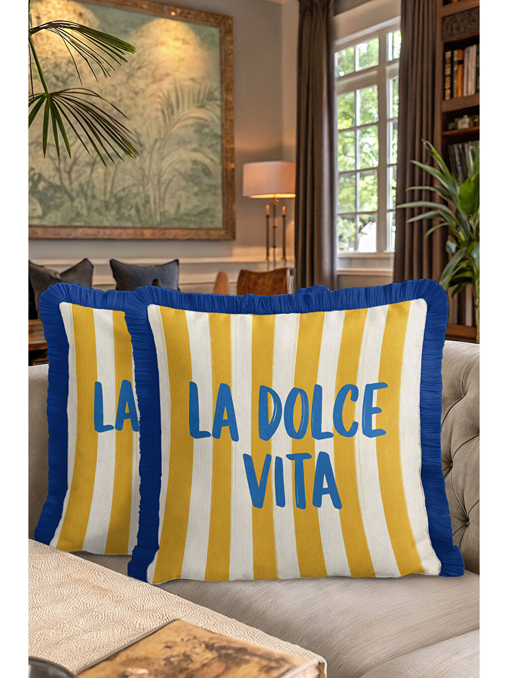 Karışık Riviera Şeritli Saçaklı Yastık Kılıfı - Akdeniz Retro Mavi Sarı Püsküllü Kırlent Kılıfı-7