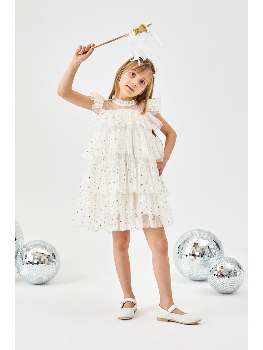 Ekru Yıldızlı Katlı Kız Çocuk Tül Elbise - Essie