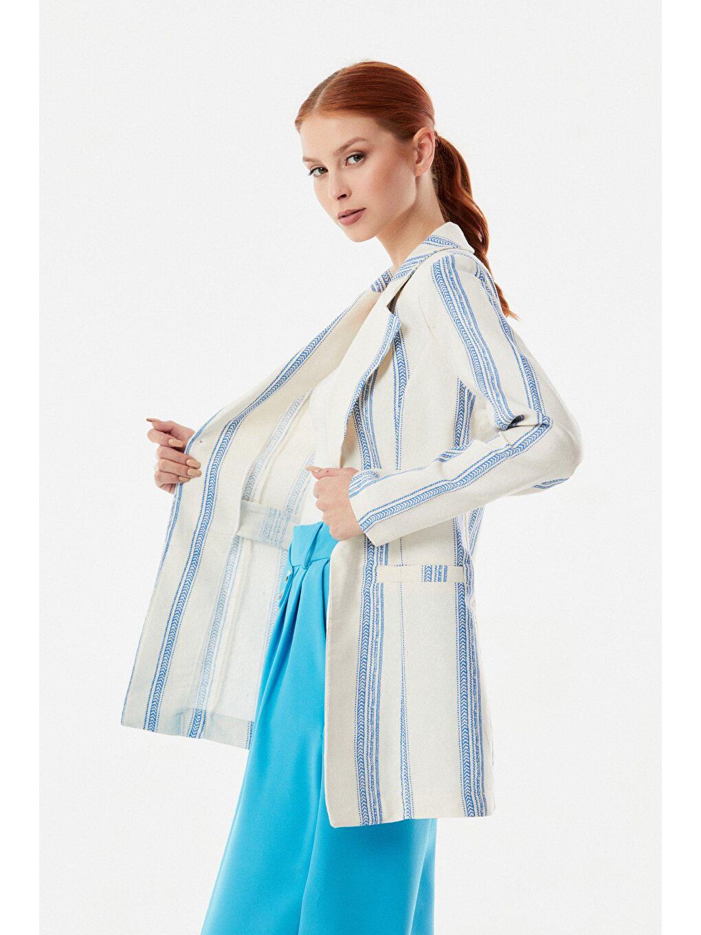 Mavi Etnik Desenli Blazer Ceket-2