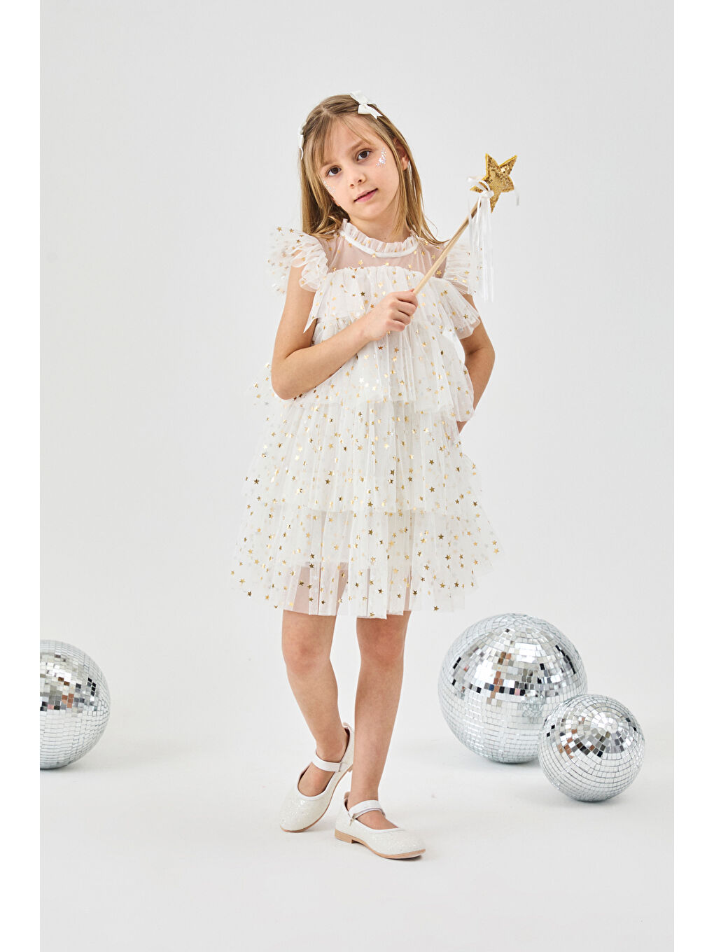 Ekru Yıldızlı Katlı Kız Çocuk Tül Elbise - Essie-1