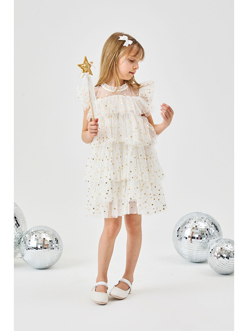 Ekru Yıldızlı Katlı Kız Çocuk Tül Elbise - Essie-2