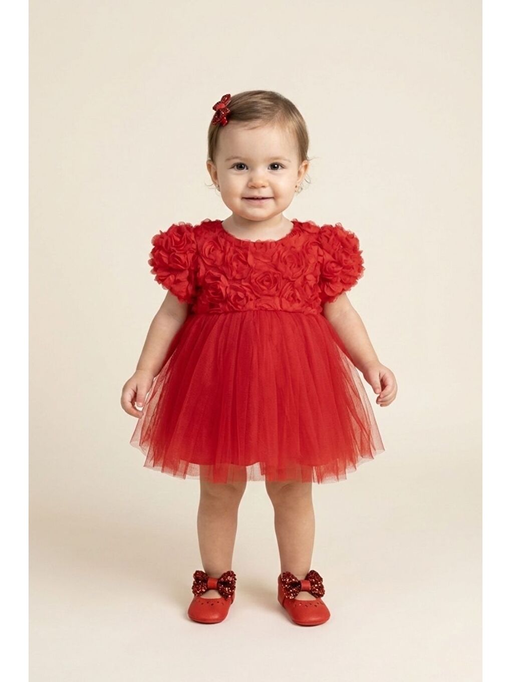 Kırmızı Gül Detaylı Kız Bebek Elbise - Nelia