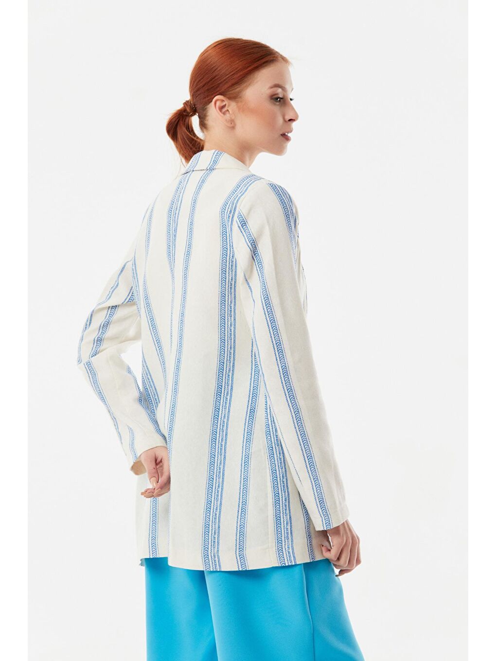 Mavi Etnik Desenli Blazer Ceket-3