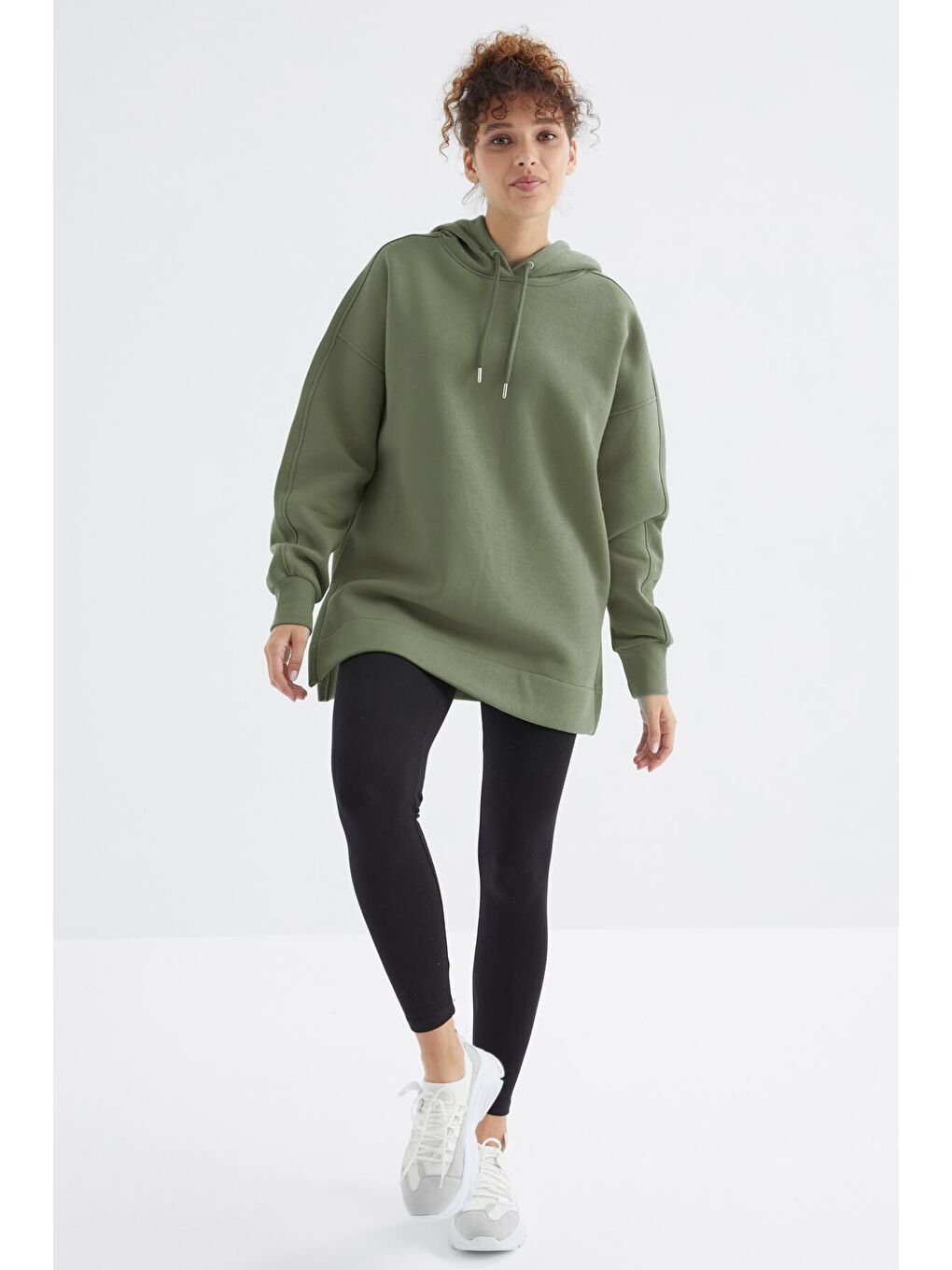 Yeşil Çağla Reglan Kol Basic Kapüşonlu Oversize Tunik - 97242-1
