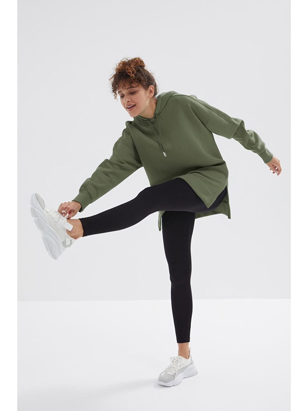 Yeşil Çağla Reglan Kol Basic Kapüşonlu Oversize Tunik - 97242-3