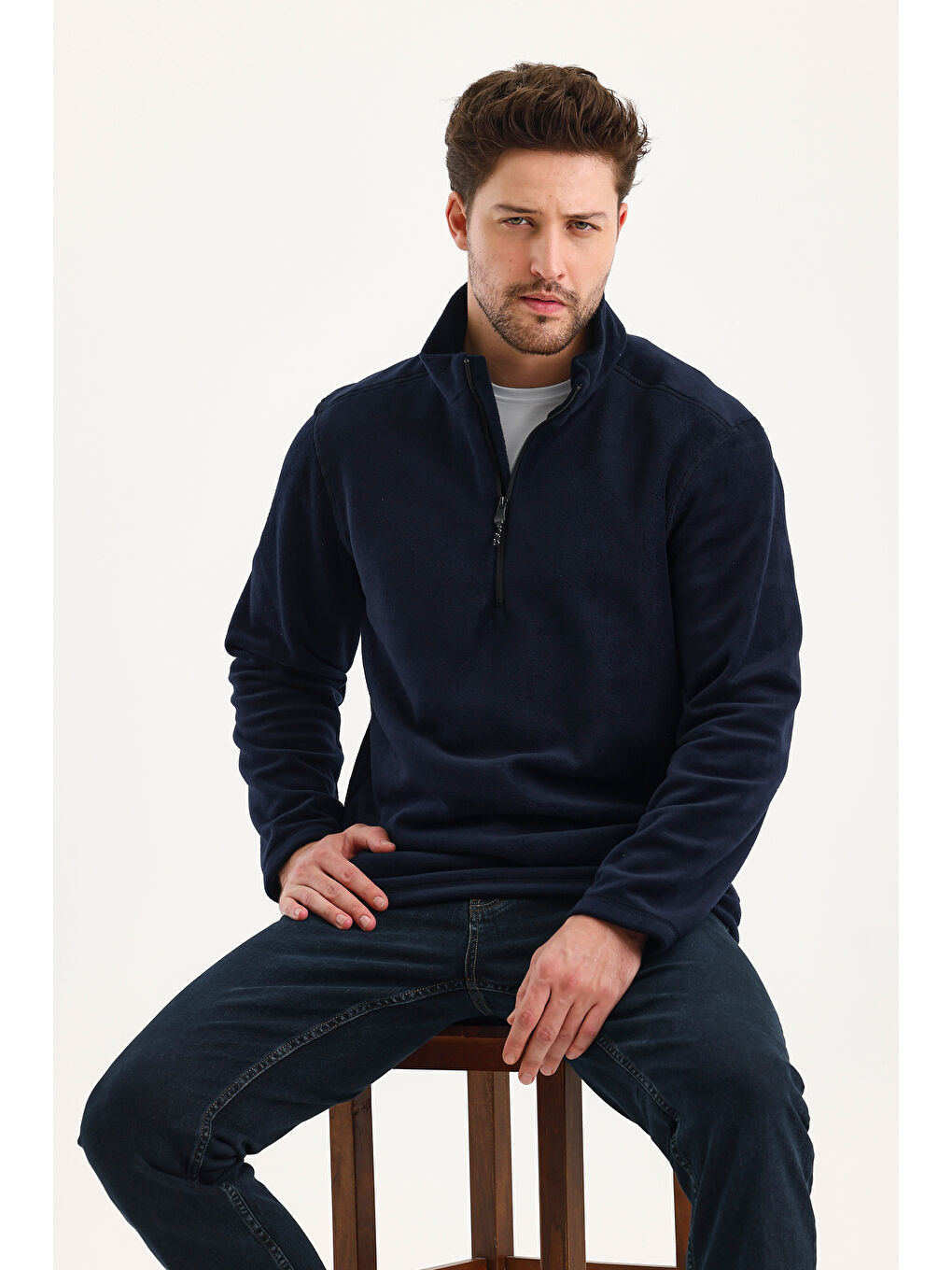Lacivert Erkek Polar  Standart Fit Dik Yaka Yarım Fermuarlı Polar Soğuk Geçirmez