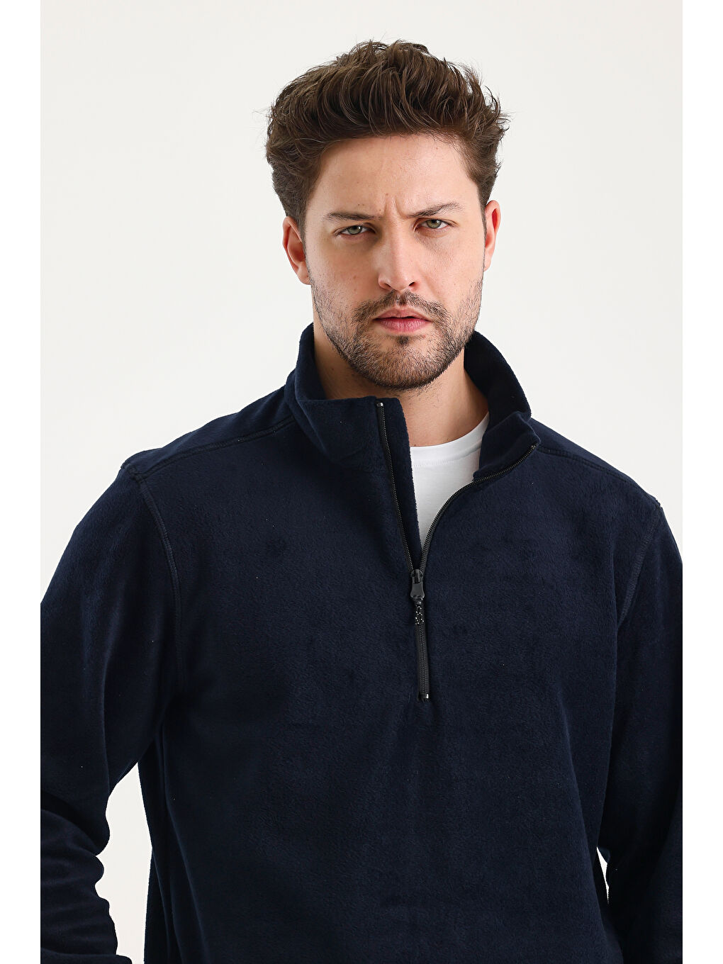 Lacivert Erkek Polar  Standart Fit Dik Yaka Yarım Fermuarlı Polar Soğuk Geçirmez-2