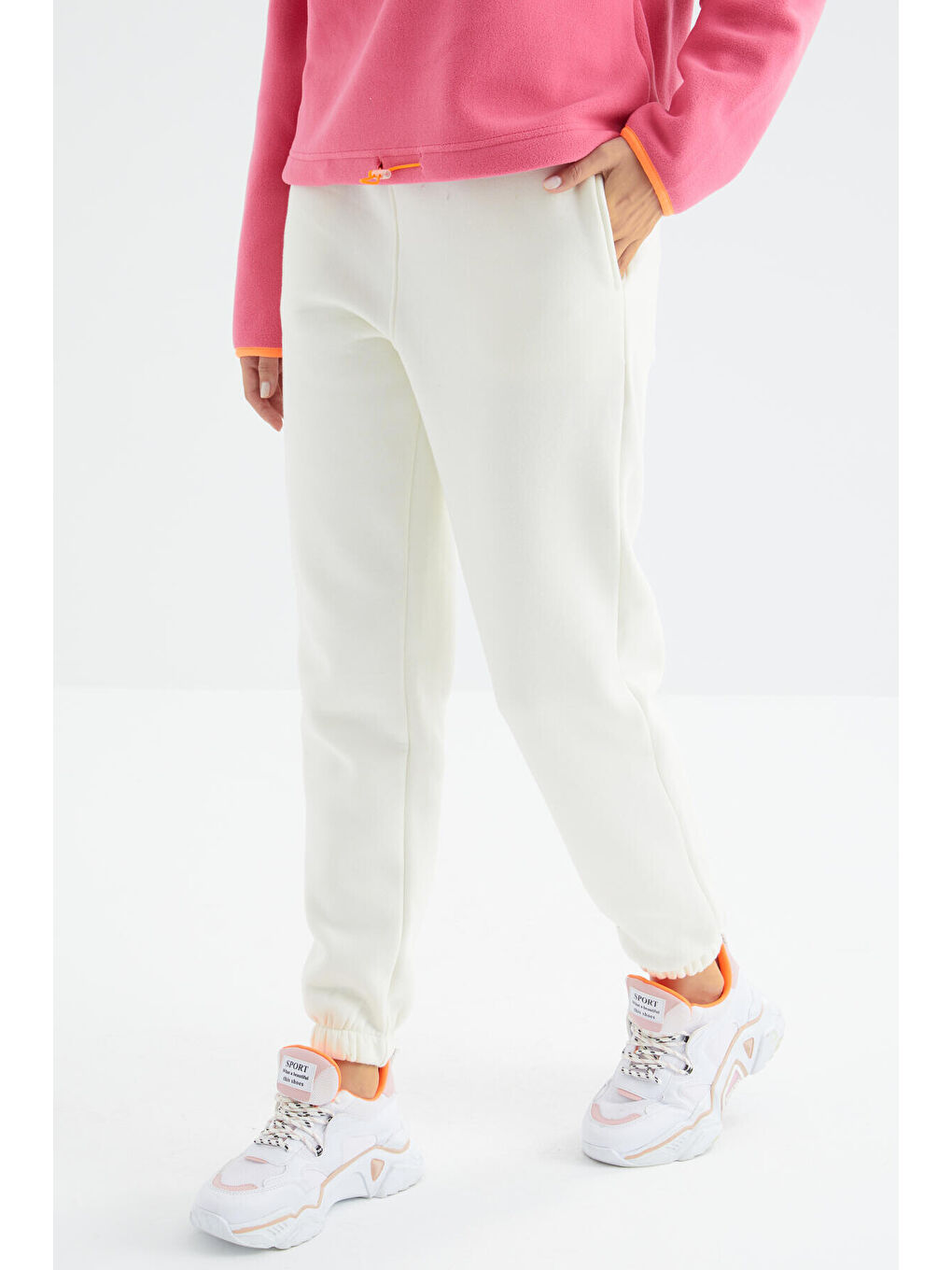 Ekru Yüksek Bel Rahat Form Basic Jogger Kadın Eşofman Alt - 94624-1