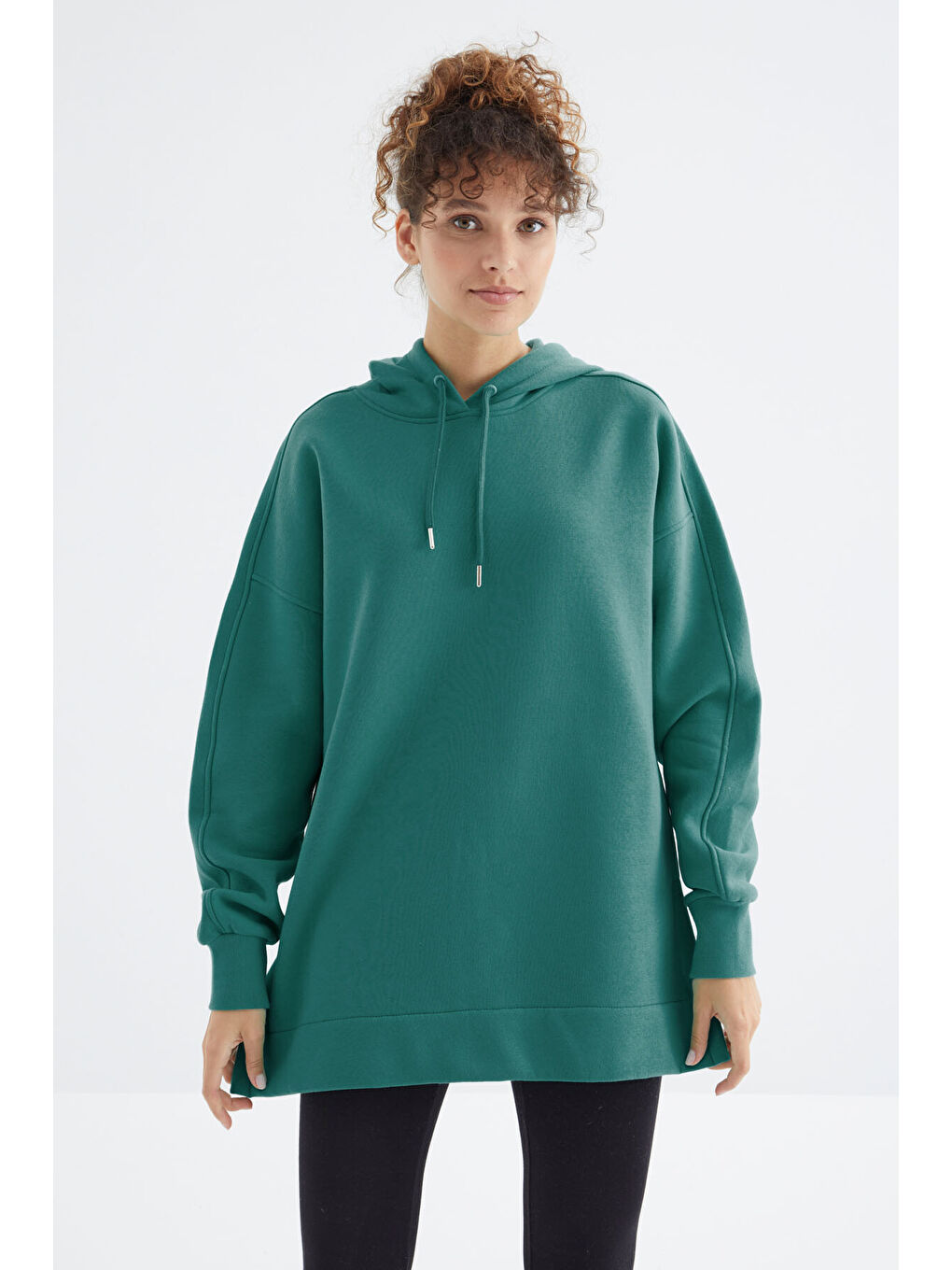 Deniz Yeşili Reglan Kol Basic Kapüşonlu Oversize Tunik - 97242-2