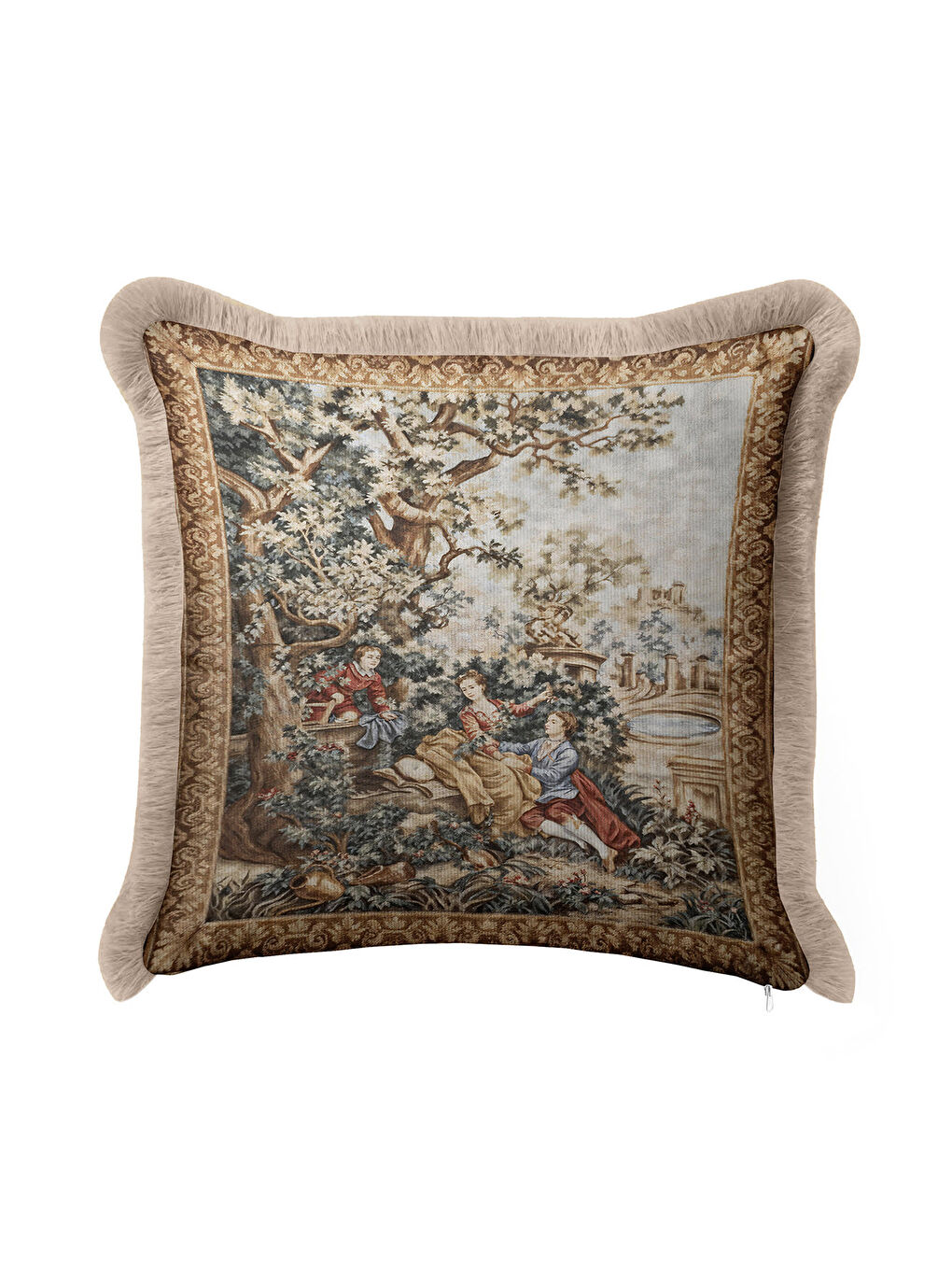 Karışık Fransız Saray Klasik Saçaklı Yastık Kılıfı - Romantik Nostaljik Bej Altın Püsküllü Kırlent Kılıfı