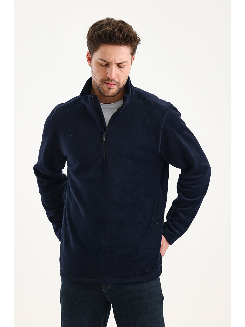 Lacivert Erkek Polar  Standart Fit Dik Yaka Yarım Fermuarlı Polar Soğuk Geçirmez-4