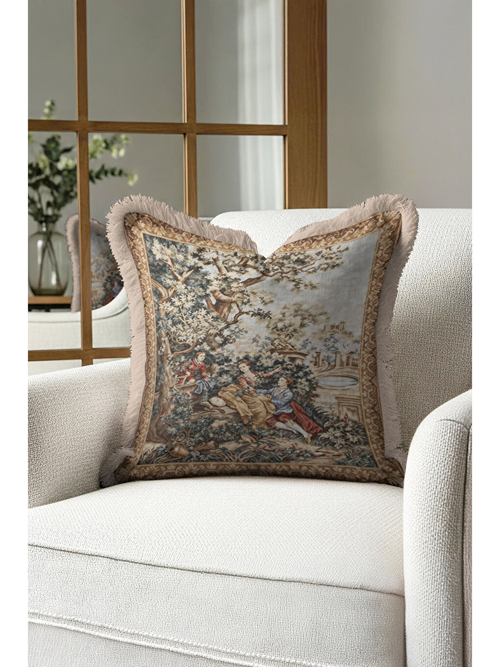 Karışık Fransız Saray Klasik Saçaklı Yastık Kılıfı - Romantik Nostaljik Bej Altın Püsküllü Kırlent Kılıfı-1