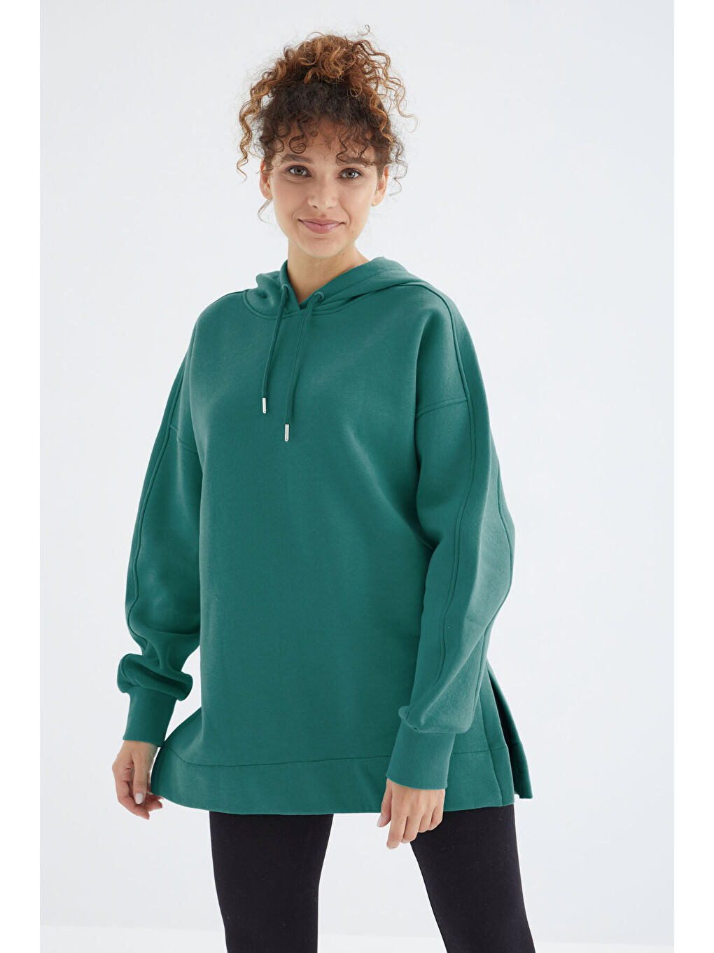 Deniz Yeşili Reglan Kol Basic Kapüşonlu Oversize Tunik - 97242-4