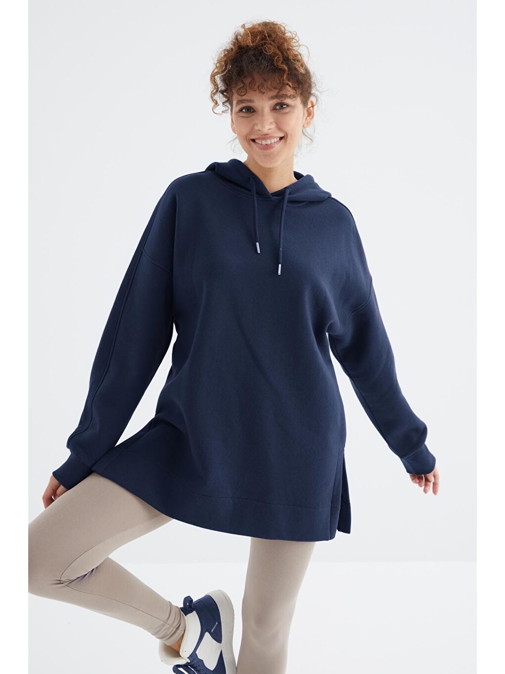 İndigo Reglan Kol Basic Kapüşonlu Oversize Tunik - 97242-2