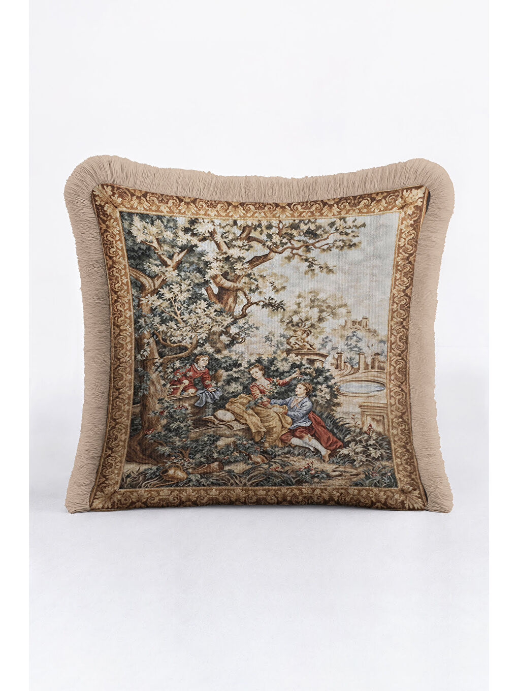 Karışık Fransız Saray Klasik Saçaklı Yastık Kılıfı - Romantik Nostaljik Bej Altın Püsküllü Kırlent Kılıfı-2