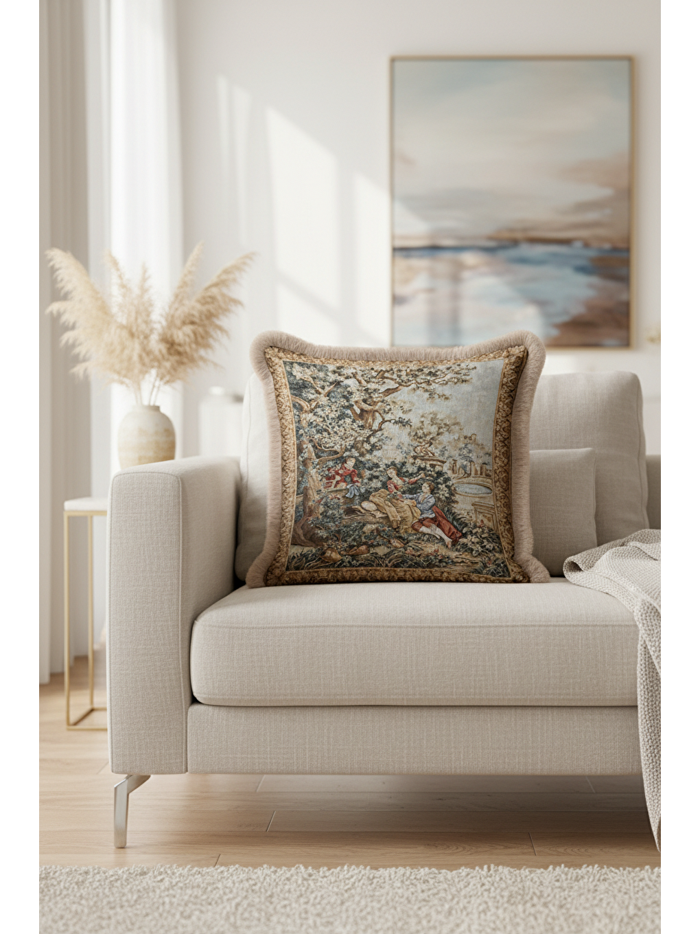 Karışık Fransız Saray Klasik Saçaklı Yastık Kılıfı - Romantik Nostaljik Bej Altın Püsküllü Kırlent Kılıfı-3