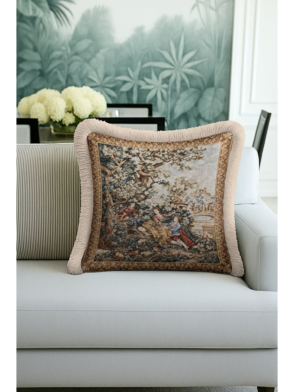 Karışık Fransız Saray Klasik Saçaklı Yastık Kılıfı - Romantik Nostaljik Bej Altın Püsküllü Kırlent Kılıfı-4