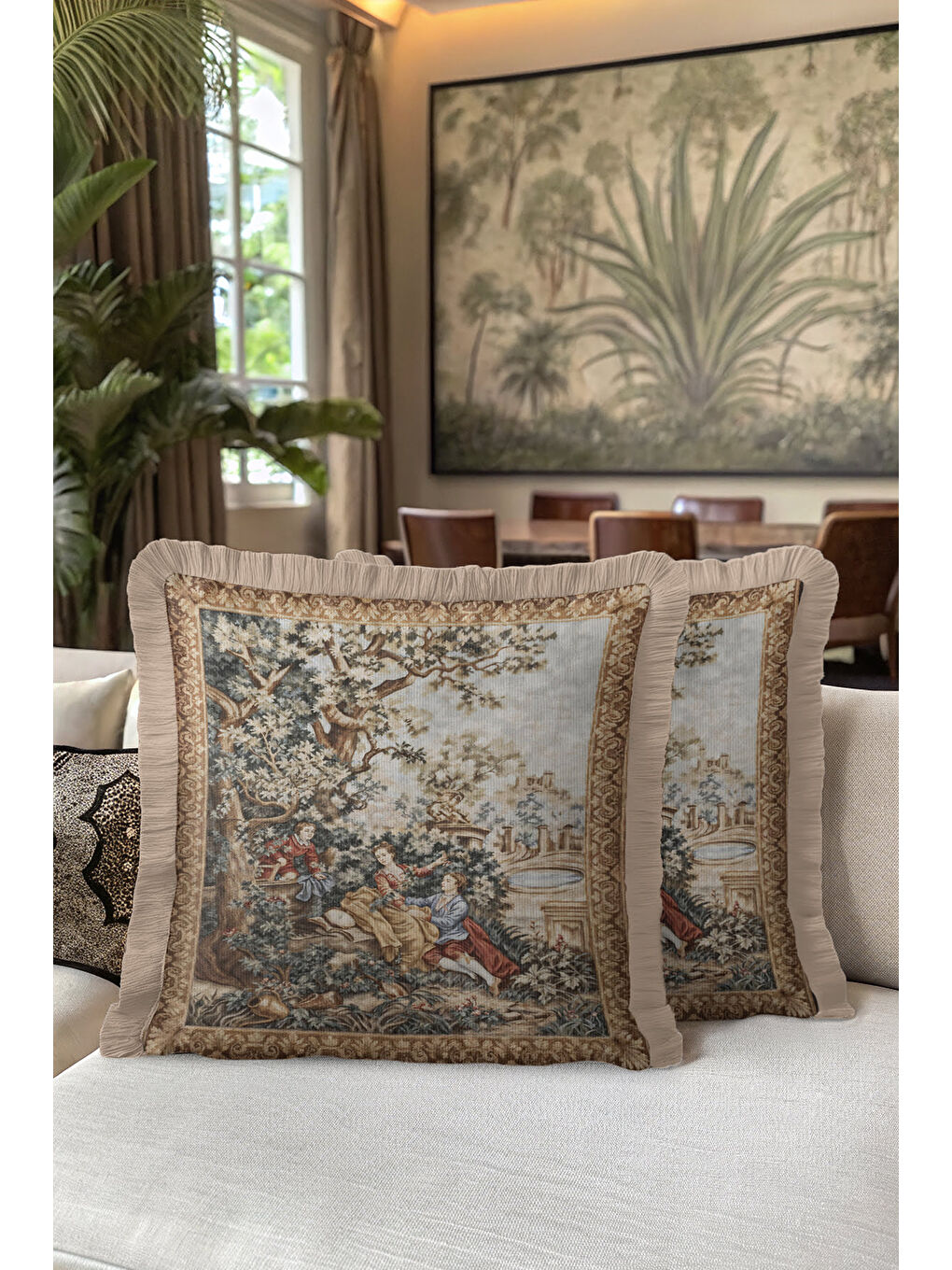 Karışık Fransız Saray Klasik Saçaklı Yastık Kılıfı - Romantik Nostaljik Bej Altın Püsküllü Kırlent Kılıfı-5